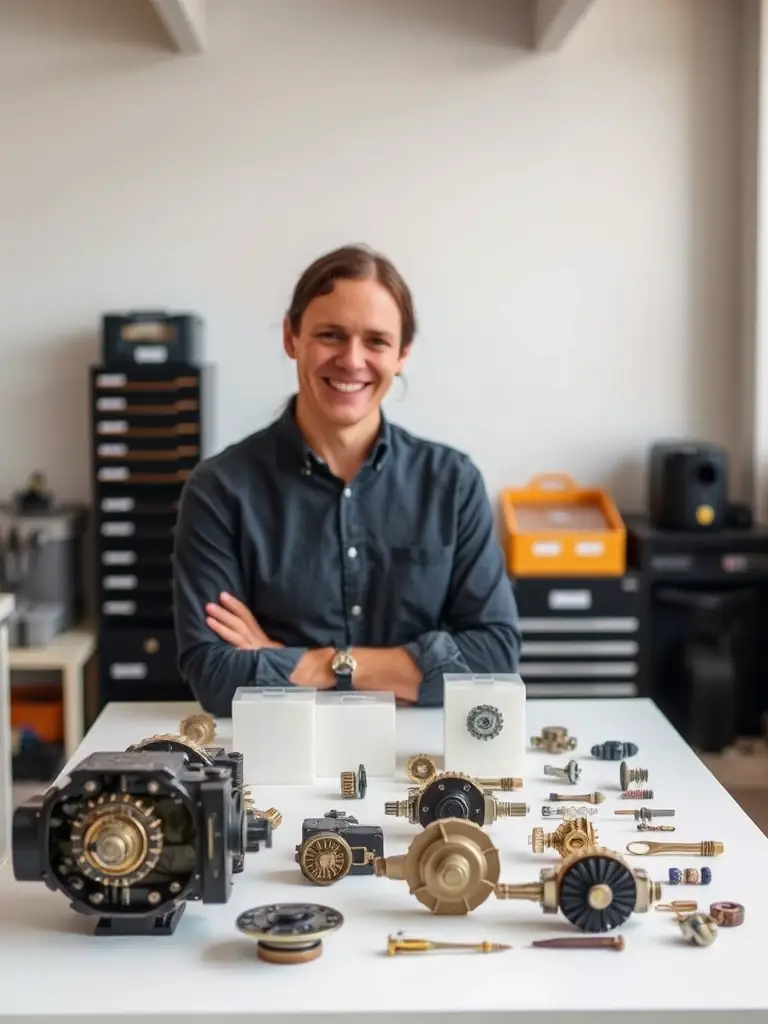 A person running a mechanical-related side business, showcasing their products on a clean and trustworthy display table at 353 Space. The image should highlight the professional presentation.