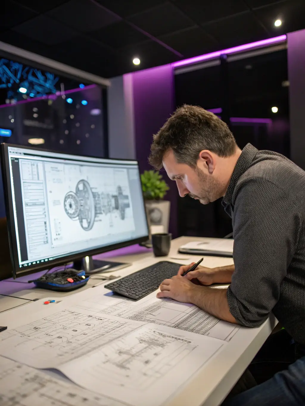 A focused technical talent with a mechanical background, working on a complex design project at a clean and organized desk in 353 Space. The image should convey concentration and innovation.